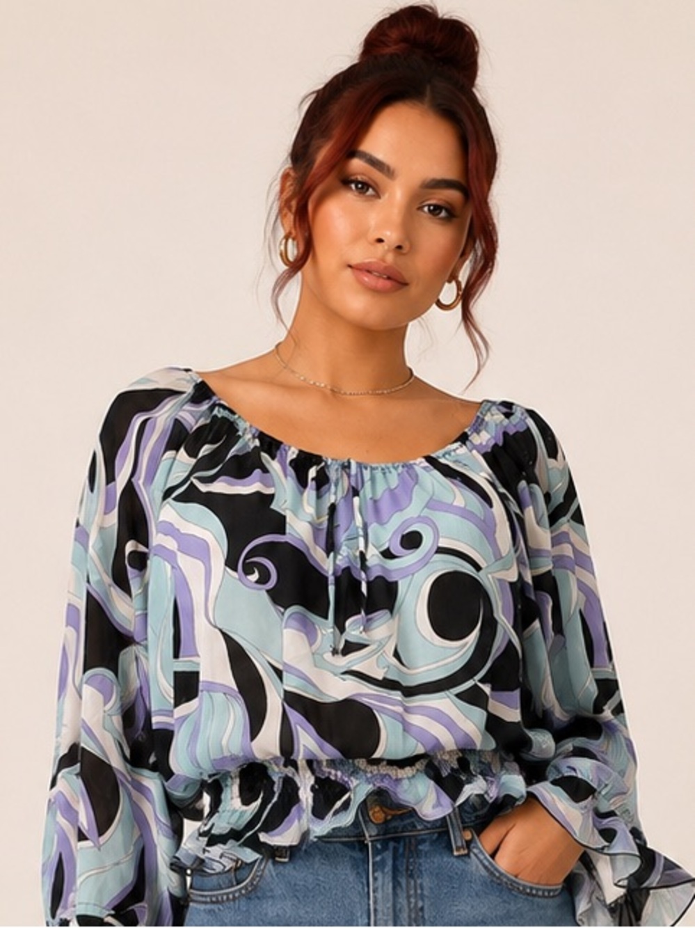 Cato Black & Lavender Abstract Off-Shoulder Peasant Top